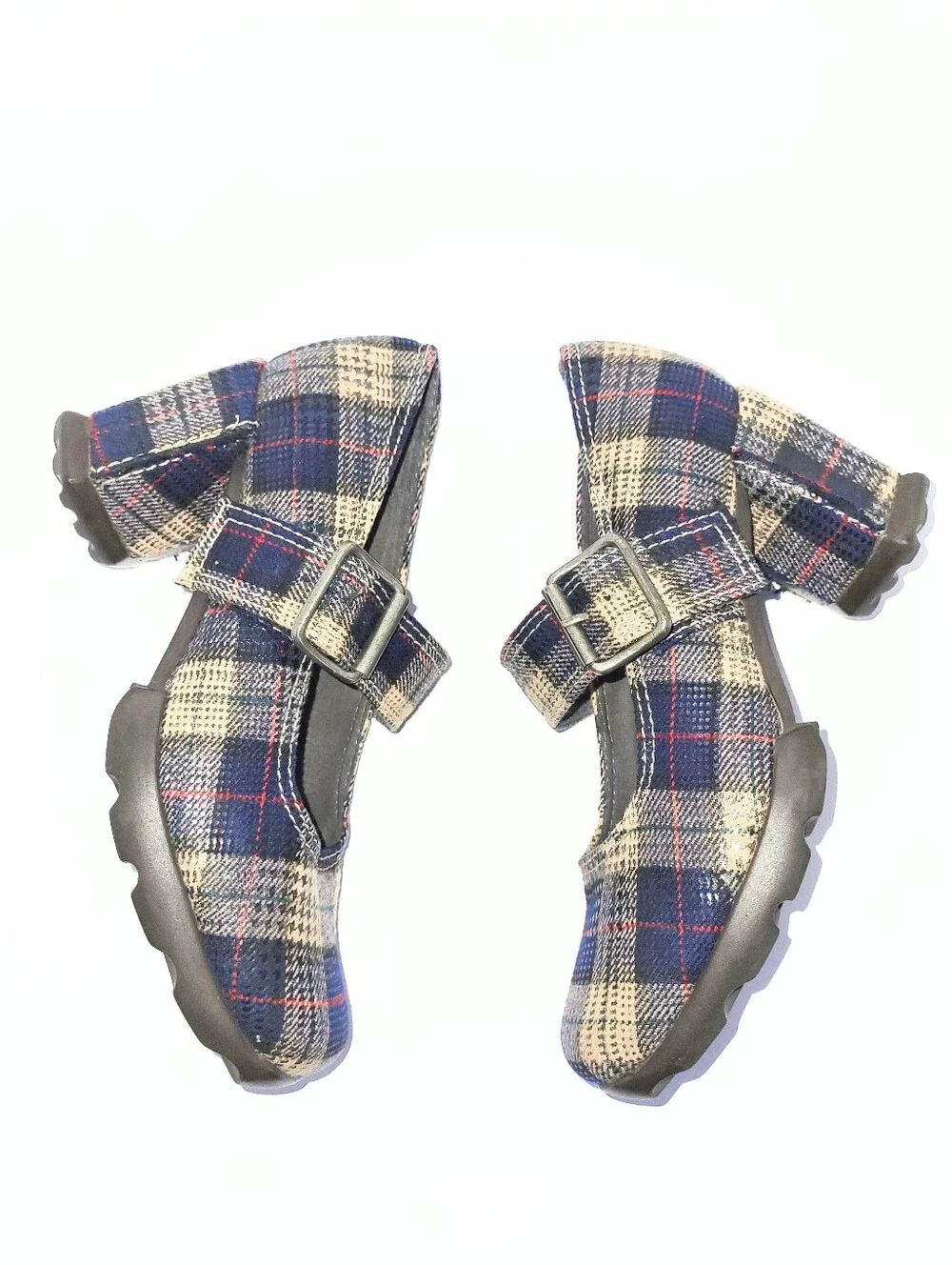 John Fluevog Benatar Blue Plaid Geometric Chunky Heel Mary Janes Size 7